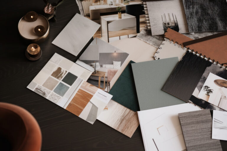 Interior design mood board with fabric and paint swatches. Generative ai.